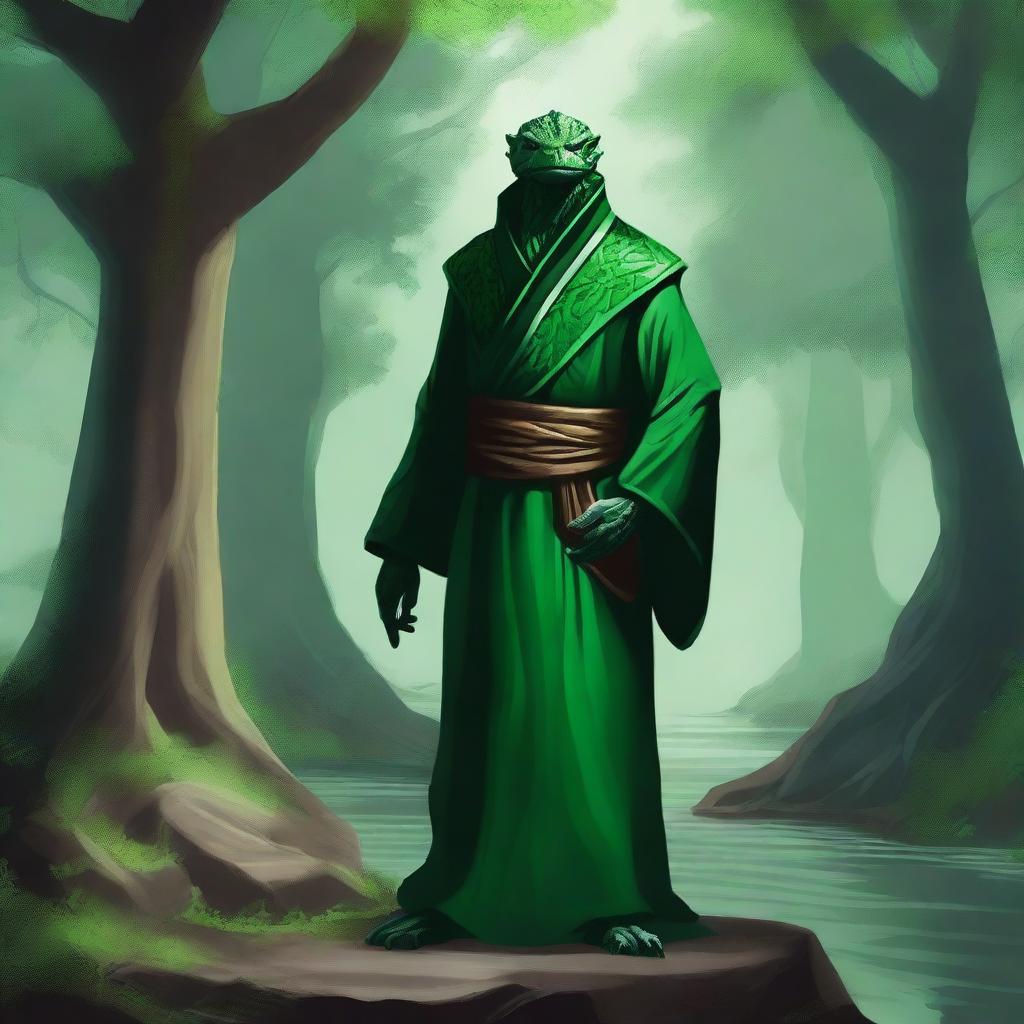 A majestic emerald dragonborn monk standing in a serene, mystical forest