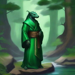 A majestic emerald dragonborn monk standing in a serene, mystical forest