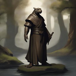 A powerful bronze dragonborn monk standing in a tranquil, mystical forest