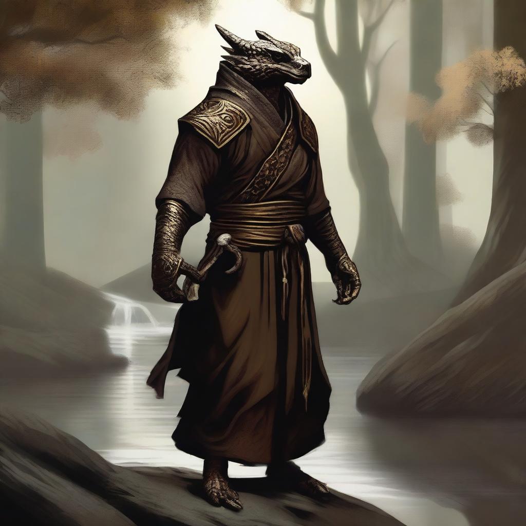 A powerful bronze dragonborn monk standing in a tranquil, mystical forest