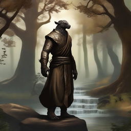 A powerful bronze dragonborn monk standing in a tranquil, mystical forest