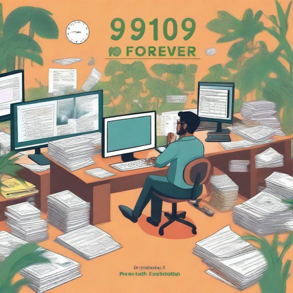 Create a front cover illustration for a book titled '9 to Forever: A Day in IT Jungle' by Praveen Raj Ragunathan