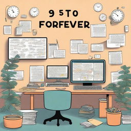 Create a front cover illustration for a book titled '9 to Forever: A Day in IT Jungle' by Praveen Raj Ragunathan