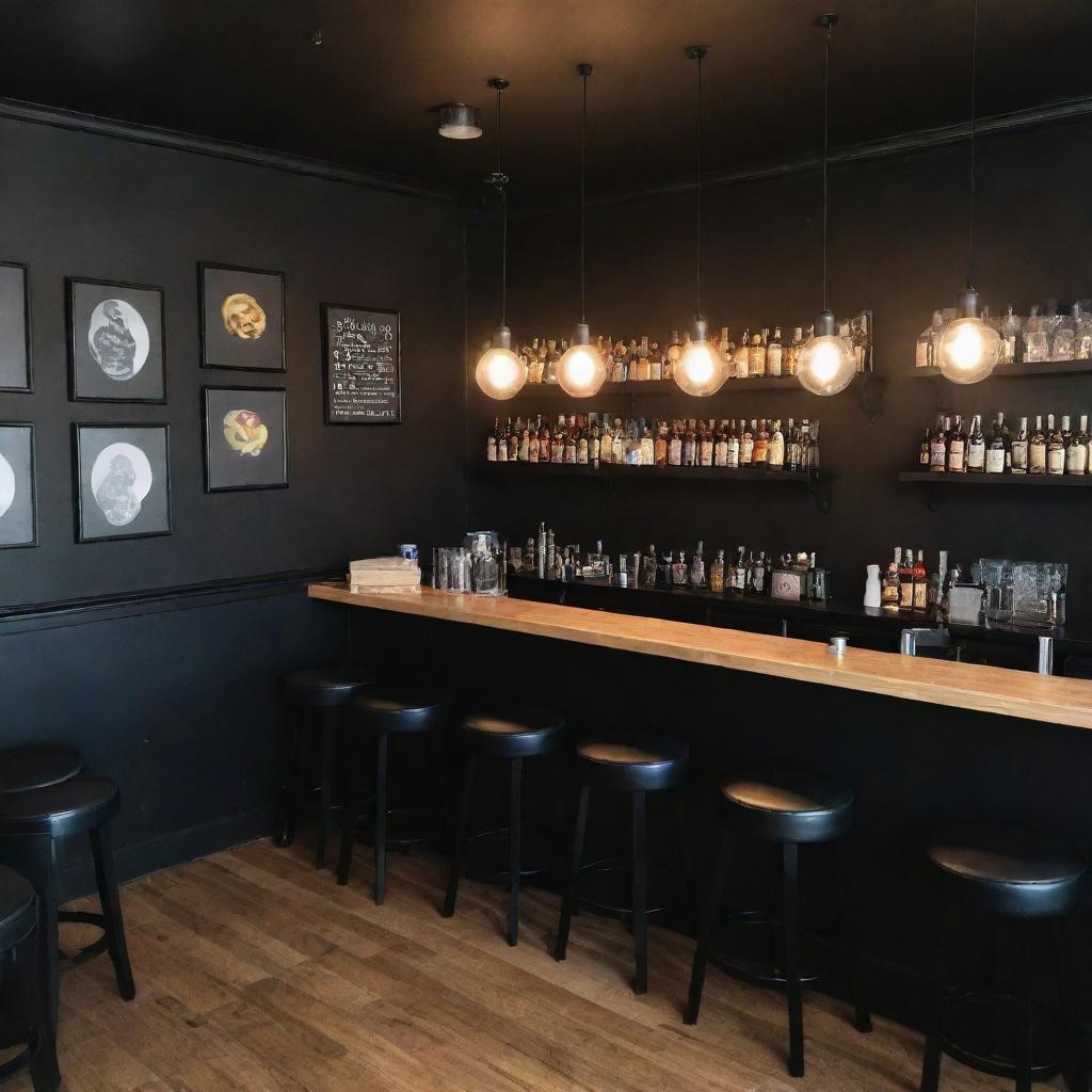 A bar possessing an intensely calming ambiance with dim, soft lighting, black-painted walls, and plush seating. Display soundproof headphones on employees who serve food expressionlessly. A small basket of stimming toys decorates each table, and walls carry Autism pride symbols and queer representation. Include privacy barriers at tables.