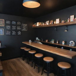 A bar possessing an intensely calming ambiance with dim, soft lighting, black-painted walls, and plush seating. Display soundproof headphones on employees who serve food expressionlessly. A small basket of stimming toys decorates each table, and walls carry Autism pride symbols and queer representation. Include privacy barriers at tables.