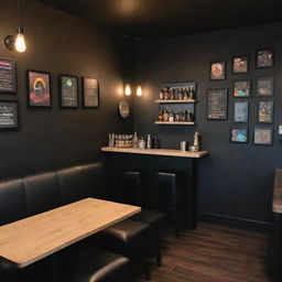 A bar possessing an intensely calming ambiance with dim, soft lighting, black-painted walls, and plush seating. Display soundproof headphones on employees who serve food expressionlessly. A small basket of stimming toys decorates each table, and walls carry Autism pride symbols and queer representation. Include privacy barriers at tables.