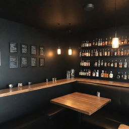 A bar possessing an intensely calming ambiance with dim, soft lighting, black-painted walls, and plush seating. Display soundproof headphones on employees who serve food expressionlessly. A small basket of stimming toys decorates each table, and walls carry Autism pride symbols and queer representation. Include privacy barriers at tables.