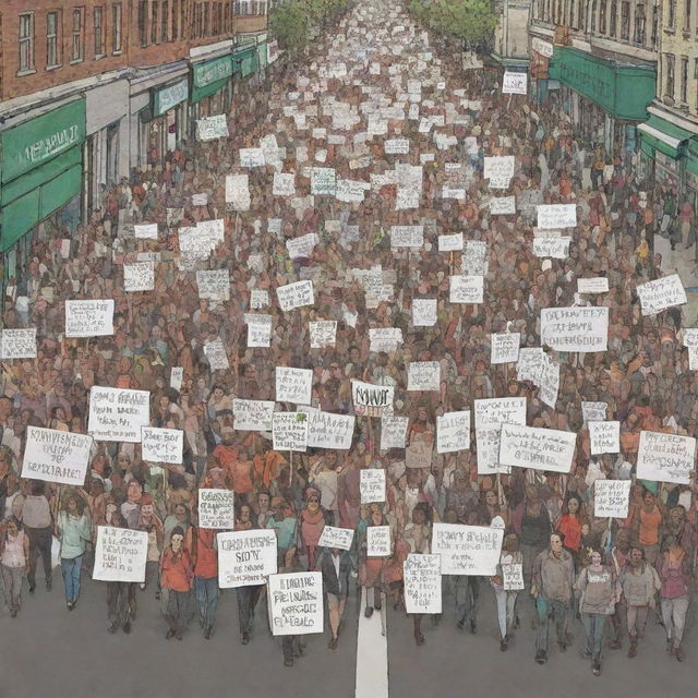 An illustration of everyday resistance: a large crowd of diverse individuals marching steadfastly down a city street, holding up placards with empowering messages, unity in defiance.