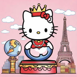 Hello Kitty is depicted as a world leader, standing triumphantly on top of a globe, with various landmarks from around the world in the background