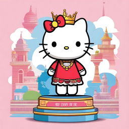 Hello Kitty is depicted as a world leader, standing triumphantly on top of a globe, with various landmarks from around the world in the background