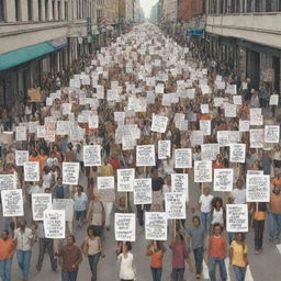 An illustration of everyday resistance: a large crowd of diverse individuals marching steadfastly down a city street, holding up placards with empowering messages, unity in defiance.