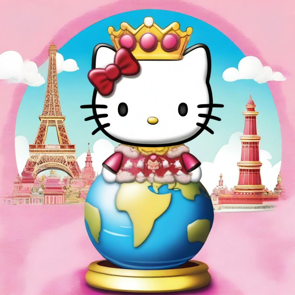 Hello Kitty is depicted as a world leader, standing triumphantly on top of a globe, with various landmarks from around the world in the background