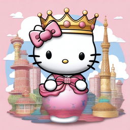 Hello Kitty is depicted as a world leader, standing triumphantly on top of a globe, with various landmarks from around the world in the background