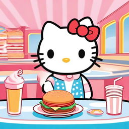 Hello Kitty is sitting at a cozy diner table, enjoying a big, delicious hamburger