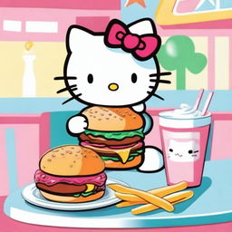 Hello Kitty is sitting at a cozy diner table, enjoying a big, delicious hamburger