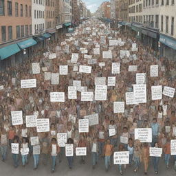 An illustration of everyday resistance: a large crowd of diverse individuals marching steadfastly down a city street, holding up placards with empowering messages, unity in defiance.