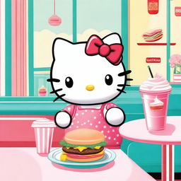 Hello Kitty is sitting at a cozy diner table, enjoying a big, delicious hamburger