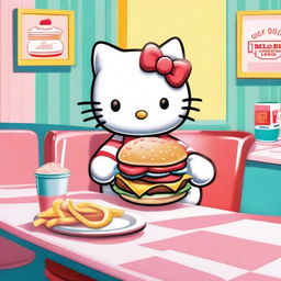 Hello Kitty is sitting at a cozy diner table, enjoying a big, delicious hamburger