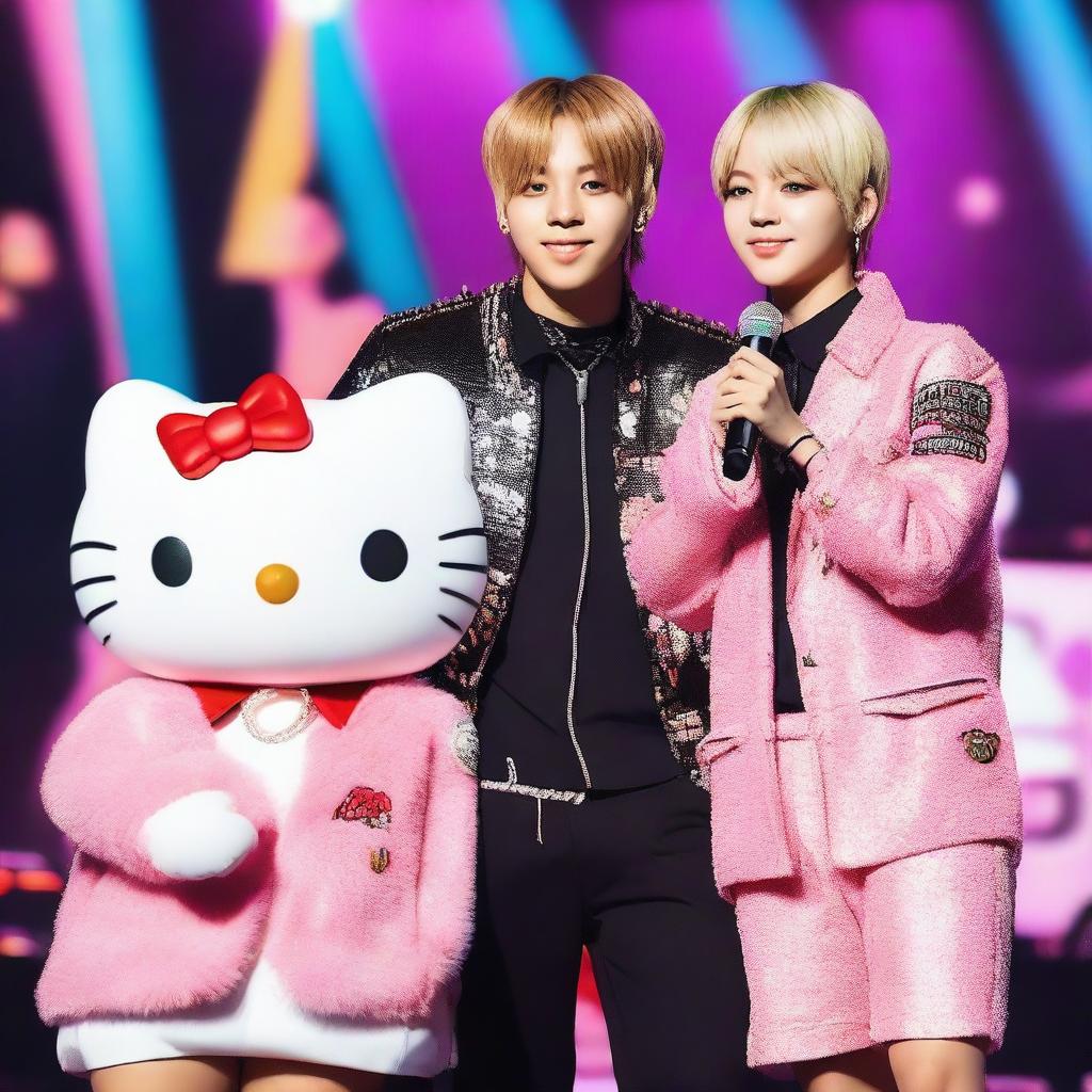 Hello Kitty and Taehyung from BTS are standing together, smiling and posing for a photo