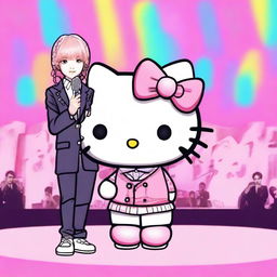 Hello Kitty and Taehyung from BTS are standing together, smiling and posing for a photo