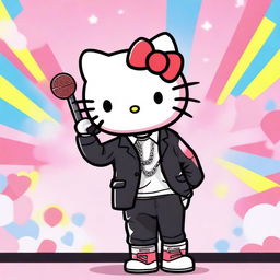 Hello Kitty and Taehyung from BTS are standing together, smiling and posing for a photo