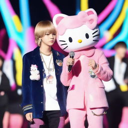 Hello Kitty and Taehyung from BTS are standing together, smiling and posing for a photo