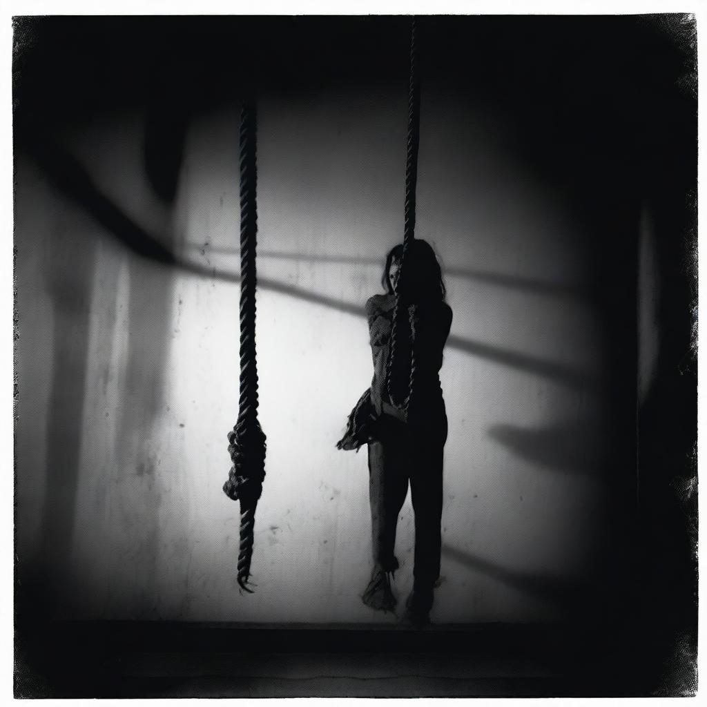 A haunting image of a noose with a female corpse hanging from it, set against a dark and eerie background