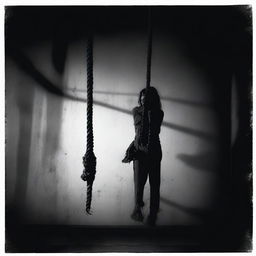 A haunting image of a noose with a female corpse hanging from it, set against a dark and eerie background