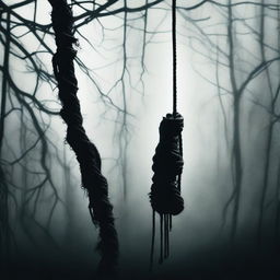 A haunting image of a noose with a female corpse hanging from it, set against a dark and eerie background