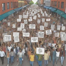 An illustration of everyday resistance: a large crowd of diverse individuals marching steadfastly down a city street, holding up placards with empowering messages, unity in defiance.