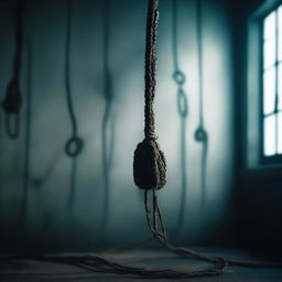 A haunting image of a noose with a female corpse hanging from it, set against a dark and eerie background