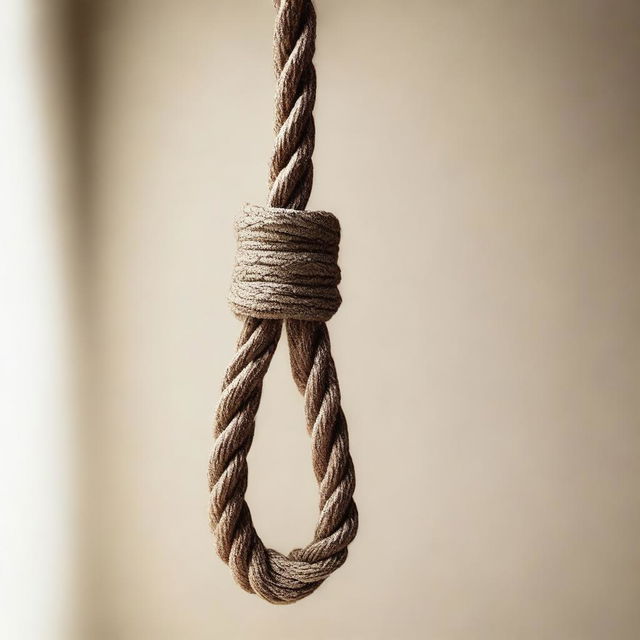 A detailed image of a noose hanging from a beam, set against a neutral background