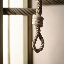 A detailed image of a noose hanging from a beam, set against a neutral background