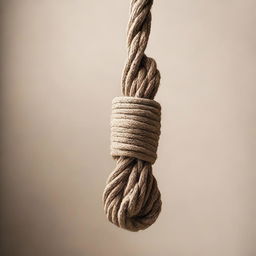 A detailed image of a noose hanging from a beam, set against a neutral background