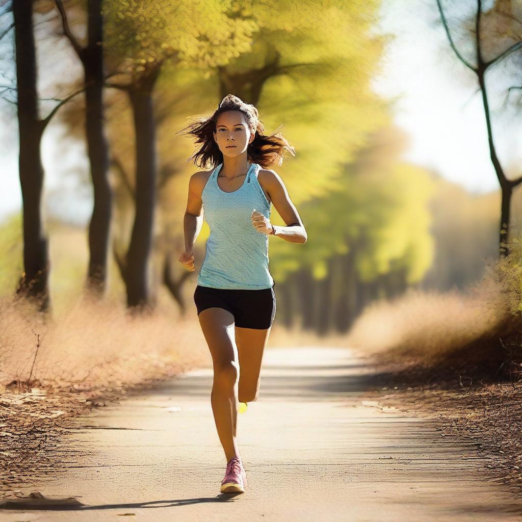 A dynamic image of a runner girl running towards the viewer