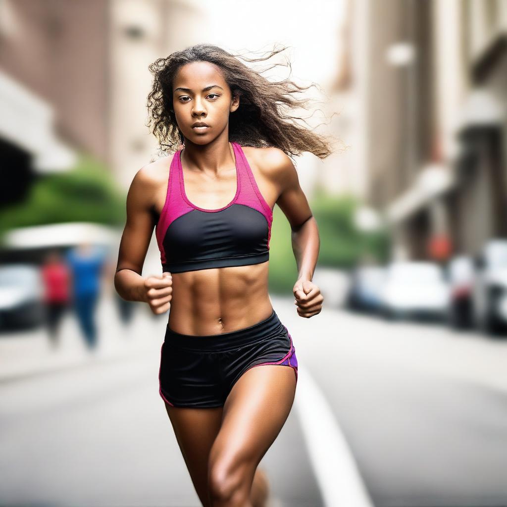 A dynamic image of a girl runner in a short outfit running energetically towards the viewer