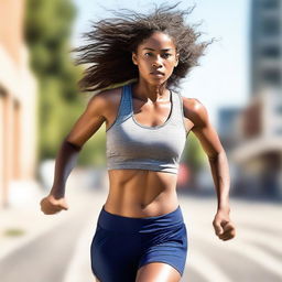 A dynamic image of a girl runner in a short outfit running energetically towards the viewer