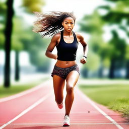 A dynamic image of a girl runner in a short outfit running energetically towards the viewer