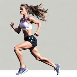 A dynamic image of a European runner girl in a short outfit, running towards the viewer