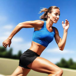 A dynamic image of a European runner girl in a short outfit, running towards the viewer