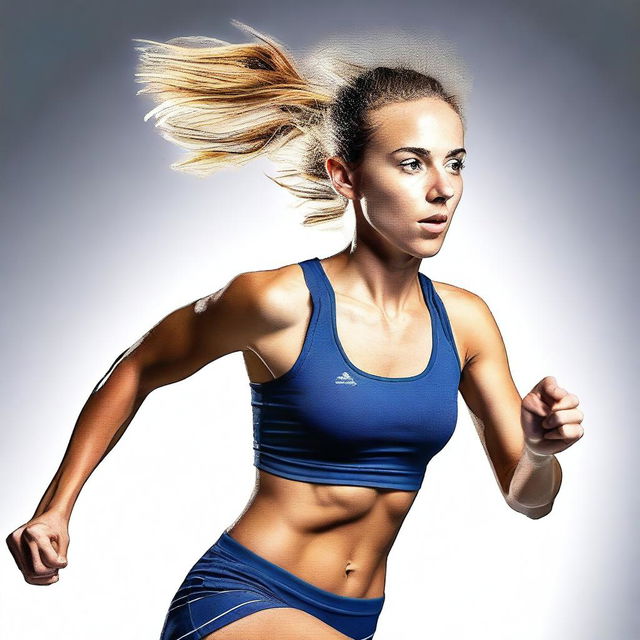 A dynamic image of a European runner girl in a short outfit, running towards the viewer