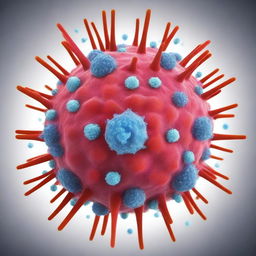 A detailed and informative image depicting the coronavirus, showing its structure with spike proteins and its impact on human cells