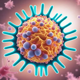 A detailed and informative image depicting the coronavirus, showing its structure with spike proteins and its impact on human cells