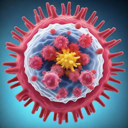 A detailed and informative image depicting the coronavirus, showing its structure with spike proteins and its impact on human cells