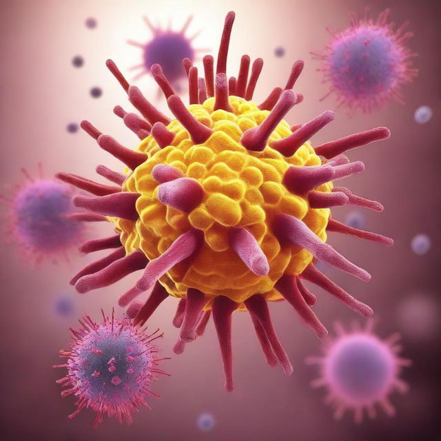 A detailed and informative image depicting the coronavirus, showing its structure with spike proteins and its impact on human cells