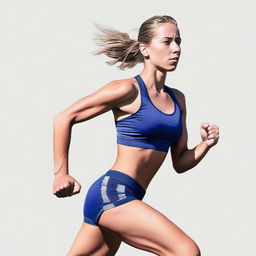 A European runner girl in a short outfit is dynamically running towards the viewer