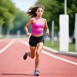 A European runner girl in a short outfit is dynamically running towards the viewer