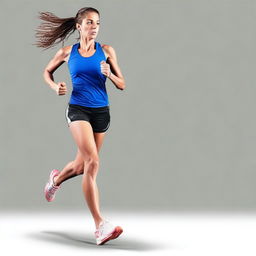 A European runner girl in a short outfit is dynamically running towards the viewer