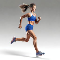 A European runner girl in a short outfit is dynamically running towards the viewer