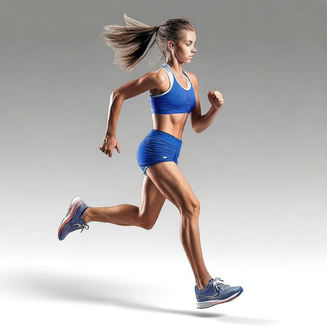 A European runner girl in a short outfit is dynamically running towards the viewer